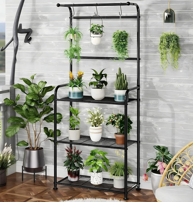 Alt view image 2 of 7 - Black Metal Plant Stands with Hooks Tall Indoor Outdoor Shelves for Hanging Planters