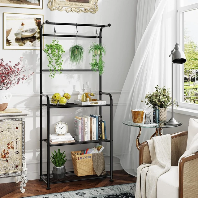 Alt view image 3 of 7 - Black Metal Plant Stands with Hooks Tall Indoor Outdoor Shelves for Hanging Planters
