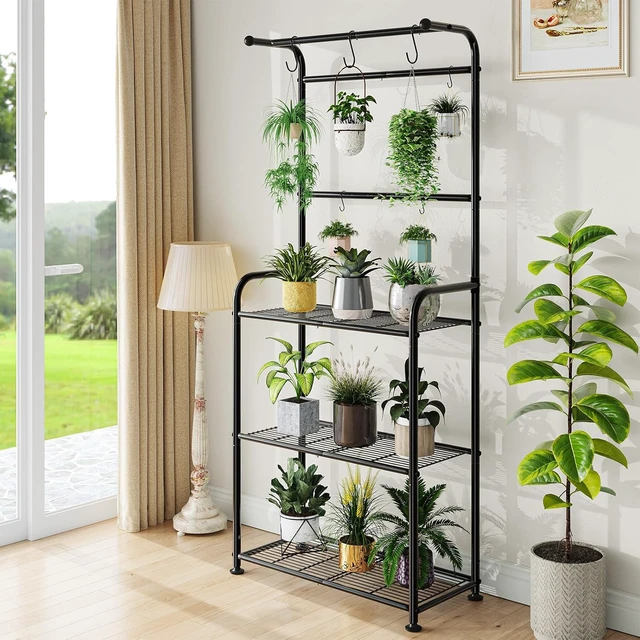 Alt view image 4 of 7 - Black Metal Plant Stands with Hooks Tall Indoor Outdoor Shelves for Hanging Planters
