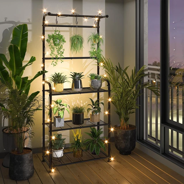 Alt view image 5 of 7 - Black Metal Plant Stands with Hooks Tall Indoor Outdoor Shelves for Hanging Planters