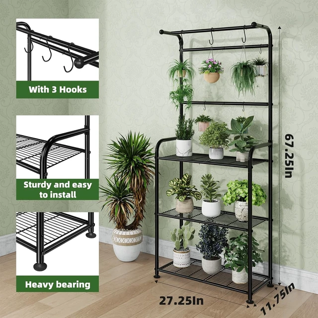 Alt view image 6 of 7 - Black Metal Plant Stands with Hooks Tall Indoor Outdoor Shelves for Hanging Planters