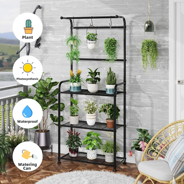 Alt view image 7 of 7 - Black Metal Plant Stands with Hooks Tall Indoor Outdoor Shelves for Hanging Planters