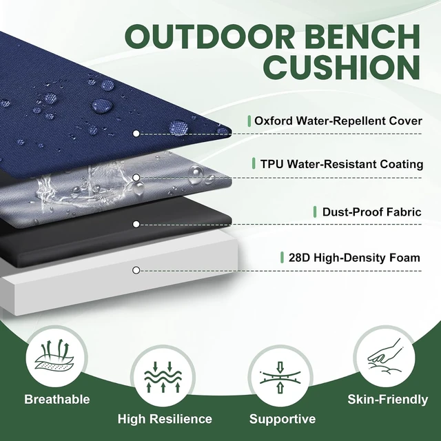 Alt view image 3 of 7 - 48x18 Inch Waterproof Outdoor Bench Cushion Fade Resistant Patio Pad for Garden Swing, Porch Sofa, Settee, Navy Blue