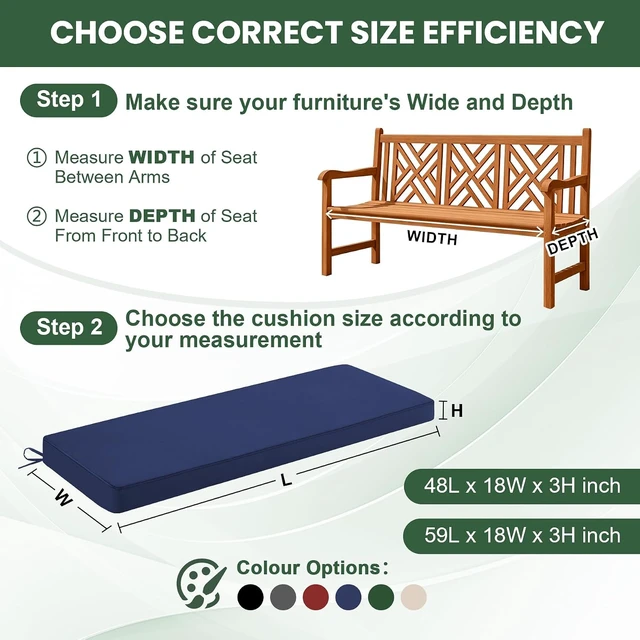 Alt view image 7 of 7 - 48x18 Inch Waterproof Outdoor Bench Cushion Fade Resistant Patio Pad for Garden Swing, Porch Sofa, Settee, Navy Blue