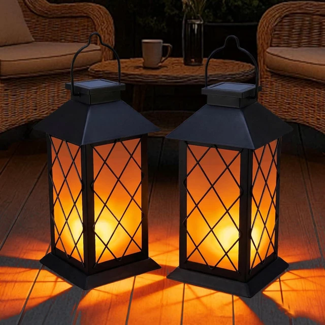 Main image of 2 Pack 13" Metal & Glass Solar Lanterns Outdoor Waterproof IP46 Cross Pattern Hanging Lights for Patio, Table, Yard, Porch, Garden Decor