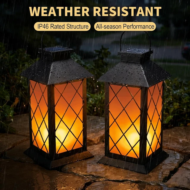 Alt view image 2 of 7 - 2 Pack 13" Metal & Glass Solar Lanterns Outdoor Waterproof IP46 Cross Pattern Hanging Lights for Patio, Table, Yard, Porch, Garden Decor
