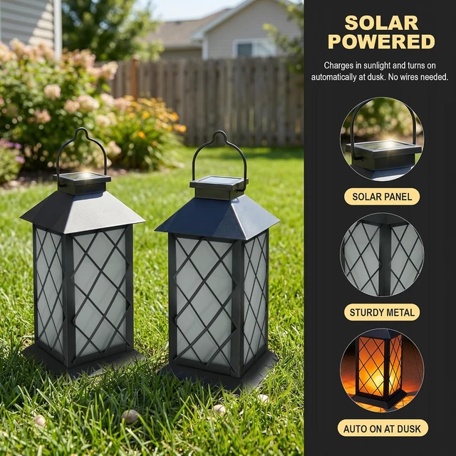 Alt view image 3 of 7 - 2 Pack 13" Metal & Glass Solar Lanterns Outdoor Waterproof IP46 Cross Pattern Hanging Lights for Patio, Table, Yard, Porch, Garden Decor