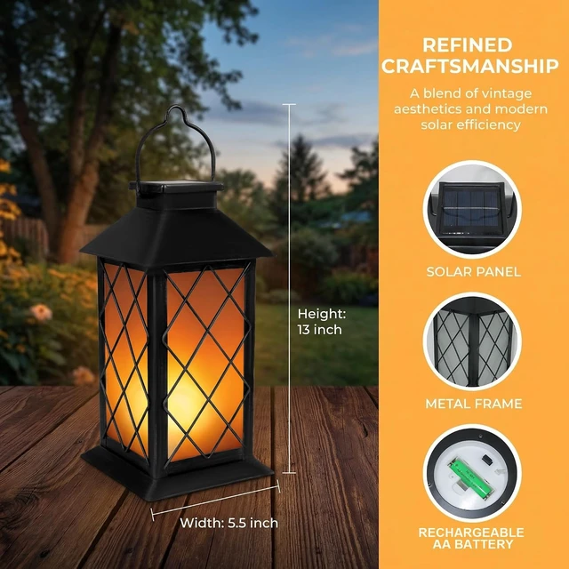 Alt view image 4 of 7 - 2 Pack 13" Metal & Glass Solar Lanterns Outdoor Waterproof IP46 Cross Pattern Hanging Lights for Patio, Table, Yard, Porch, Garden Decor