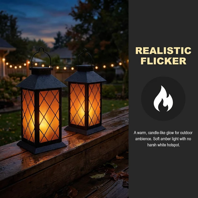 Alt view image 6 of 7 - 2 Pack 13" Metal & Glass Solar Lanterns Outdoor Waterproof IP46 Cross Pattern Hanging Lights for Patio, Table, Yard, Porch, Garden Decor
