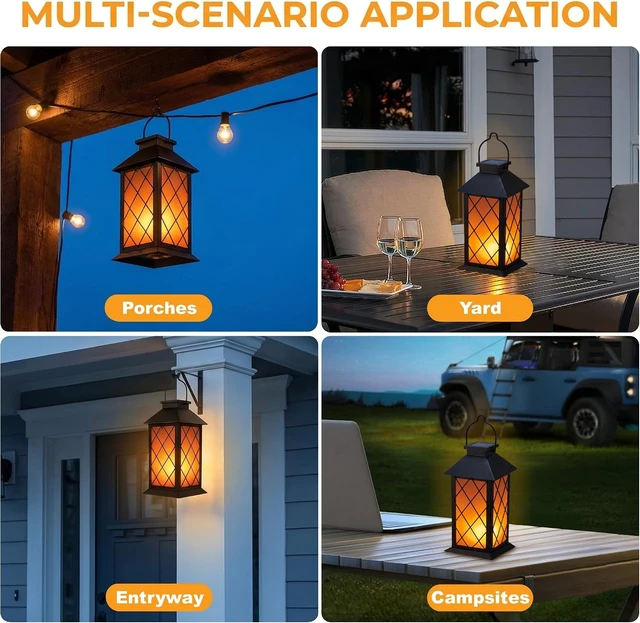 Alt view image 7 of 7 - 2 Pack 13" Metal & Glass Solar Lanterns Outdoor Waterproof IP46 Cross Pattern Hanging Lights for Patio, Table, Yard, Porch, Garden Decor