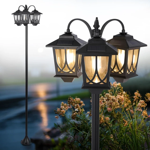 Main image of 73" 3-Head Solar Lamp Post Light Outdoor Waterproof 60Lm 3000K Pathway Lights for Garden, Lawn, Yard
