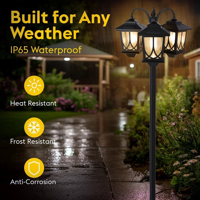 Alt view image 2 of 6 - 73" 3-Head Solar Lamp Post Light Outdoor Waterproof 60Lm 3000K Pathway Lights for Garden, Lawn, Yard