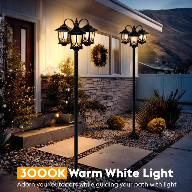 Alt view image 3 of 6 - 73" 3-Head Solar Lamp Post Light Outdoor Waterproof 60Lm 3000K Pathway Lights for Garden, Lawn, Yard