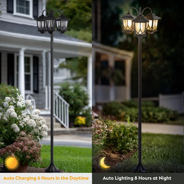 Alt view image 4 of 6 - 73" 3-Head Solar Lamp Post Light Outdoor Waterproof 60Lm 3000K Pathway Lights for Garden, Lawn, Yard