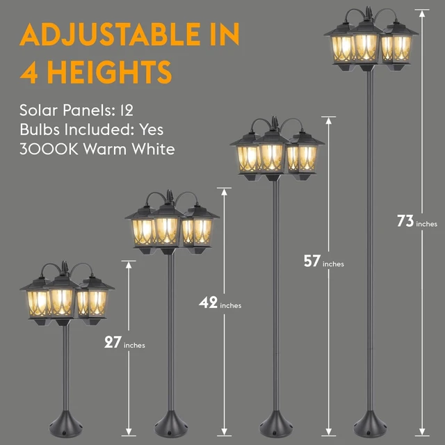 Alt view image 5 of 6 - 73" 3-Head Solar Lamp Post Light Outdoor Waterproof 60Lm 3000K Pathway Lights for Garden, Lawn, Yard