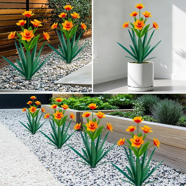 Alt view image 3 of 6 - Metal Agave Plant Outdoor Decor Mexican Yard Art Daffodil Flowers, Decorative Garden Gift (2 Big Orange Daffodil)