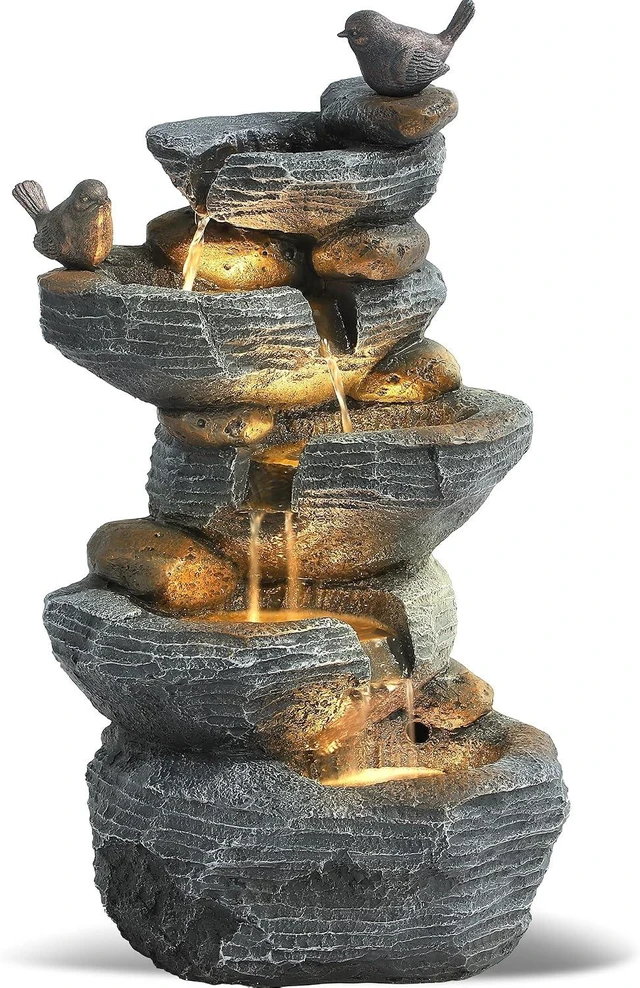 Main image of 5-Tier Cascading Rock Water Fountain Outdoor Waterfall with 4 LED Lights, Natural Stone Look for Garden, Patio, Yard, Deck