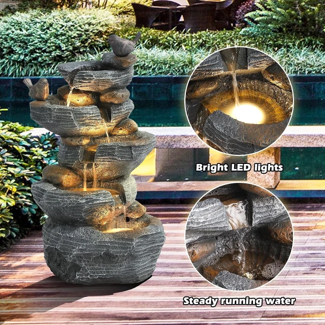 Alt view image 3 of 7 - 5-Tier Cascading Rock Water Fountain Outdoor Waterfall with 4 LED Lights, Natural Stone Look for Garden, Patio, Yard, Deck