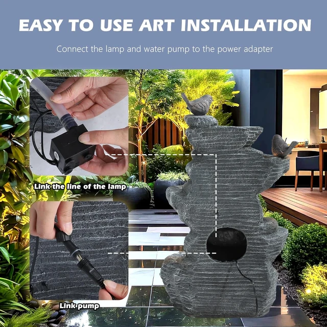 Alt view image 4 of 7 - 5-Tier Cascading Rock Water Fountain Outdoor Waterfall with 4 LED Lights, Natural Stone Look for Garden, Patio, Yard, Deck