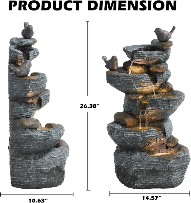 Alt view image 7 of 7 - 5-Tier Cascading Rock Water Fountain Outdoor Waterfall with 4 LED Lights, Natural Stone Look for Garden, Patio, Yard, Deck