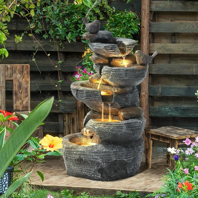 Alt view image 6 of 7 - 5-Tier Cascading Rock Water Fountain Outdoor Waterfall with 4 LED Lights, Natural Stone Look for Garden, Patio, Yard, Deck