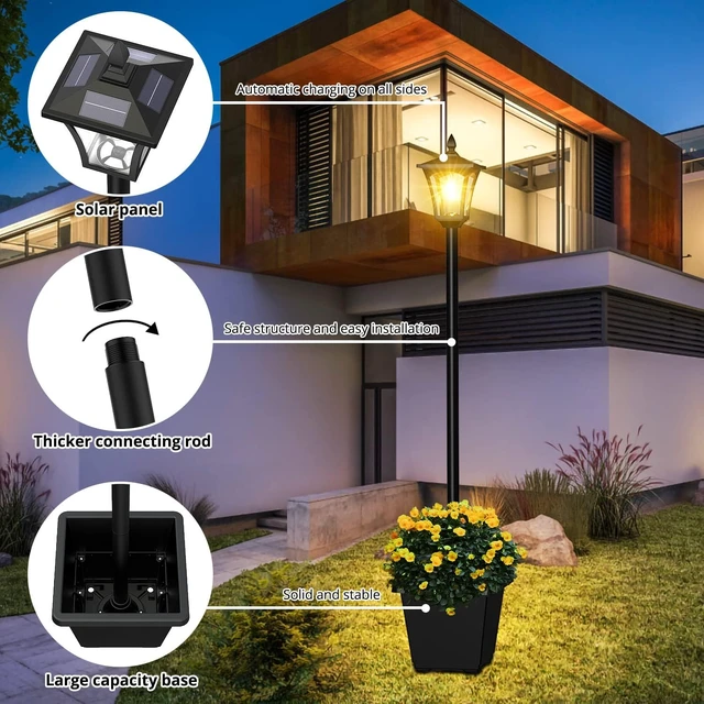 Alt view image 3 of 7 - 64 Inch Solar Lamp Post Light with Planter 60 High Lumens Waterproof Street Light for Garden, Pathway, Lawn, Driveway, Front Back DoorWarm