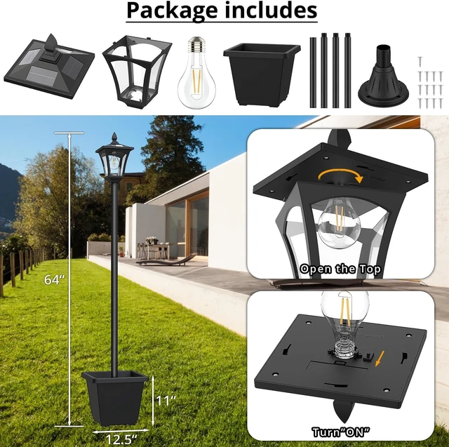 Alt view image 5 of 7 - 64 Inch Solar Lamp Post Light with Planter 60 High Lumens Waterproof Street Light for Garden, Pathway, Lawn, Driveway, Front Back DoorWarm