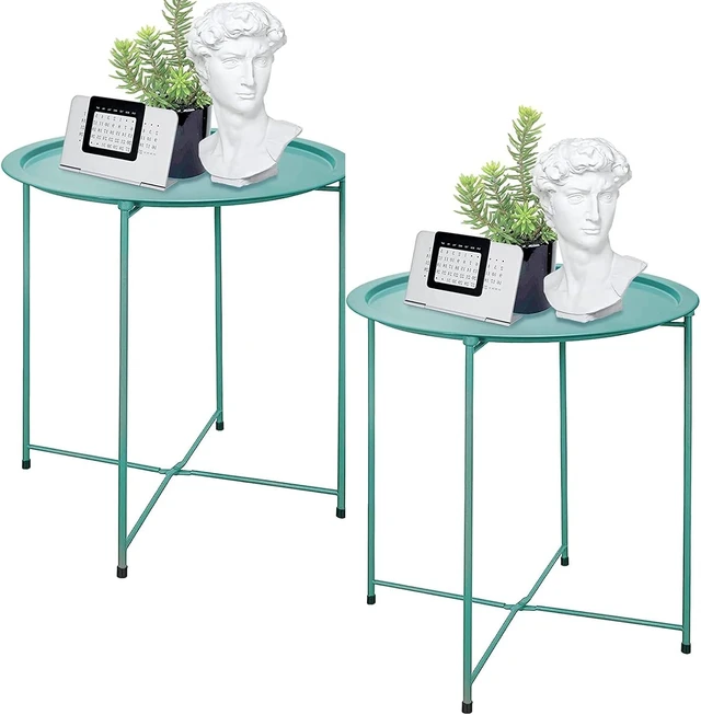 Main image of Set of 2 Round Folding Metal Side Tables Small Green Patio End Table for Outdoor & Living Room