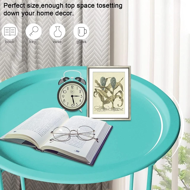 Alt view image 4 of 7 - Set of 2 Round Folding Metal Side Tables Small Green Patio End Table for Outdoor & Living Room