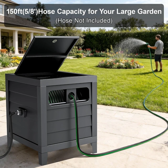 Alt view image 2 of 6 - Heavy Duty Metal Garden Hose Reel Box 150Ft 5/8" Deck Storage with Hose Guide, 6Ft Leader Hose, Leak-Proof Aluminum Connection & Manual Crank (Dark Brown)