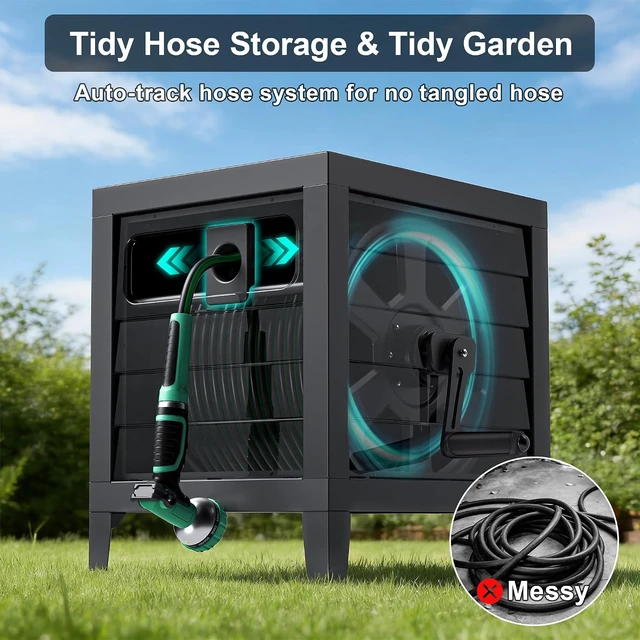 Alt view image 3 of 6 - Heavy Duty Metal Garden Hose Reel Box 150Ft 5/8" Deck Storage with Hose Guide, 6Ft Leader Hose, Leak-Proof Aluminum Connection & Manual Crank (Dark Brown)