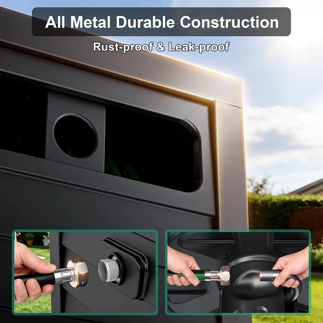 Alt view image 4 of 6 - Heavy Duty Metal Garden Hose Reel Box 150Ft 5/8" Deck Storage with Hose Guide, 6Ft Leader Hose, Leak-Proof Aluminum Connection & Manual Crank (Dark Brown)