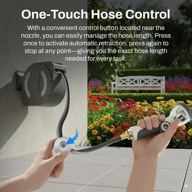 Alt view image 2 of 7 - EaseReel Battery-Powered Wall-Mounted Retractable Hose Reel Quick-Access Dual Length Control, 8 Spray Patterns, Automatic Roll-Up & Tangle-Free Guide (1/2'', 100FT/30m)