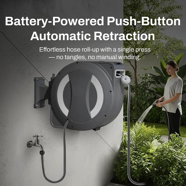 Alt view image 3 of 7 - EaseReel Battery-Powered Wall-Mounted Retractable Hose Reel Quick-Access Dual Length Control, 8 Spray Patterns, Automatic Roll-Up & Tangle-Free Guide (1/2'', 100FT/30m)