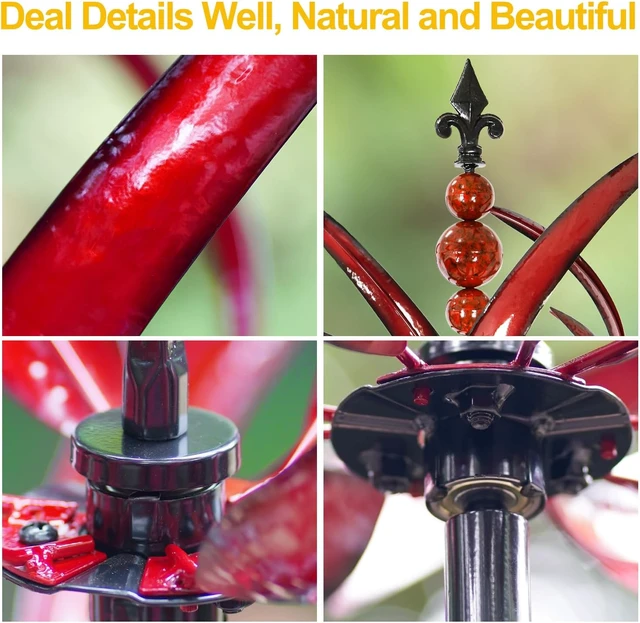 Alt view image 3 of 7 - Large Metal Kinetic Wind Spinner for Garden & Yard Outdoor Decor Sculpture (91 Inches, Burgundy Lotus)