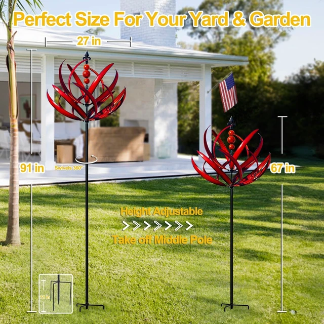 Alt view image 4 of 7 - Large Metal Kinetic Wind Spinner for Garden & Yard Outdoor Decor Sculpture (91 Inches, Burgundy Lotus)