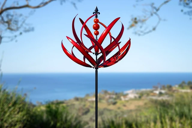 Alt view image 7 of 7 - Large Metal Kinetic Wind Spinner for Garden & Yard Outdoor Decor Sculpture (91 Inches, Burgundy Lotus)