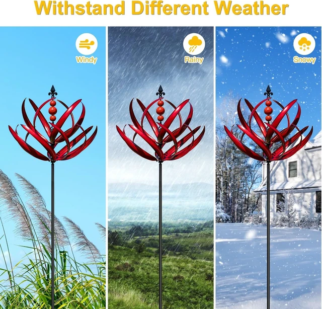 Alt view image 6 of 7 - Large Metal Kinetic Wind Spinner for Garden & Yard Outdoor Decor Sculpture (91 Inches, Burgundy Lotus)