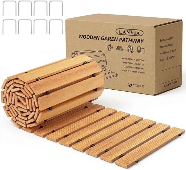 Main image of 8 FT Roll-Out Wooden Garden Pathway Non-Slip Outdoor Walkway with Ground Stakes, Boardwalk Pavers for Backyard Decor & Lawn Landscaping, Natural
