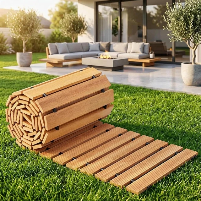 Alt view image 2 of 7 - 8 FT Roll-Out Wooden Garden Pathway Non-Slip Outdoor Walkway with Ground Stakes, Boardwalk Pavers for Backyard Decor & Lawn Landscaping, Natural