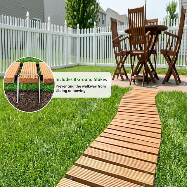 Alt view image 3 of 7 - 8 FT Roll-Out Wooden Garden Pathway Non-Slip Outdoor Walkway with Ground Stakes, Boardwalk Pavers for Backyard Decor & Lawn Landscaping, Natural