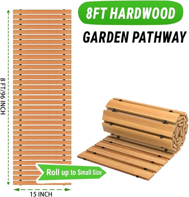 Alt view image 4 of 7 - 8 FT Roll-Out Wooden Garden Pathway Non-Slip Outdoor Walkway with Ground Stakes, Boardwalk Pavers for Backyard Decor & Lawn Landscaping, Natural