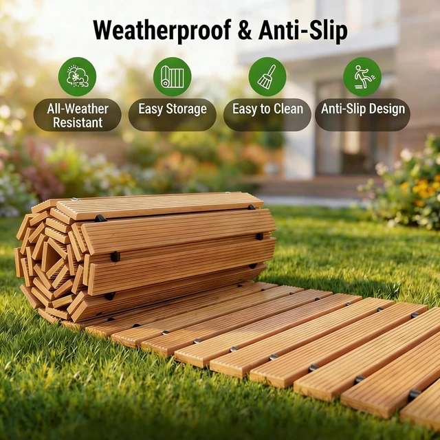 Alt view image 5 of 7 - 8 FT Roll-Out Wooden Garden Pathway Non-Slip Outdoor Walkway with Ground Stakes, Boardwalk Pavers for Backyard Decor & Lawn Landscaping, Natural