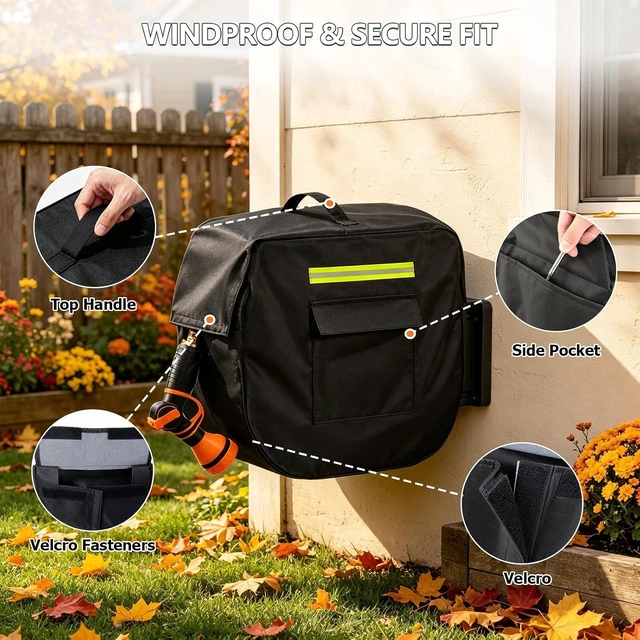 Alt view image 4 of 7 - Heavy Duty 100% Waterproof Retractable Garden Hose Reel Cover with Plush Lining & Side Pocket Outdoor Wall-Mounted, 20.9" W x 11.4" D x 18.9" H (Cover Only)