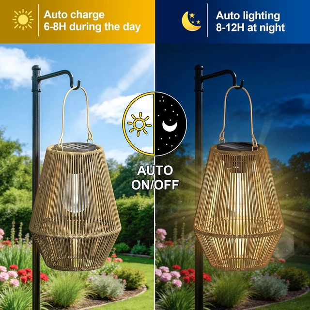Alt view image 3 of 7 - 2 Pack Waterproof Hanging Solar Lanterns Auto On/Off Solar Powered Outdoor Lights for Patio, Yard, Porch, Pathway & Garden Decor, Warm White