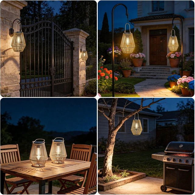Alt view image 7 of 7 - 2 Pack Waterproof Hanging Solar Lanterns Auto On/Off Solar Powered Outdoor Lights for Patio, Yard, Porch, Pathway & Garden Decor, Warm White
