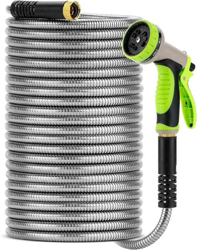 Main image of 100 Ft No-Kink Metal Garden Hose with 10-Function Spray Nozzle