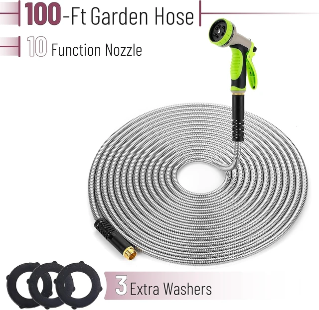 Alt view image 2 of 7 - 100 Ft No-Kink Metal Garden Hose with 10-Function Spray Nozzle