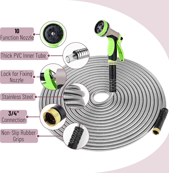 Alt view image 5 of 7 - 100 Ft No-Kink Metal Garden Hose with 10-Function Spray Nozzle