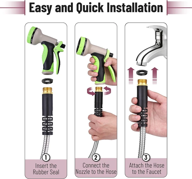 Alt view image 6 of 7 - 100 Ft No-Kink Metal Garden Hose with 10-Function Spray Nozzle
